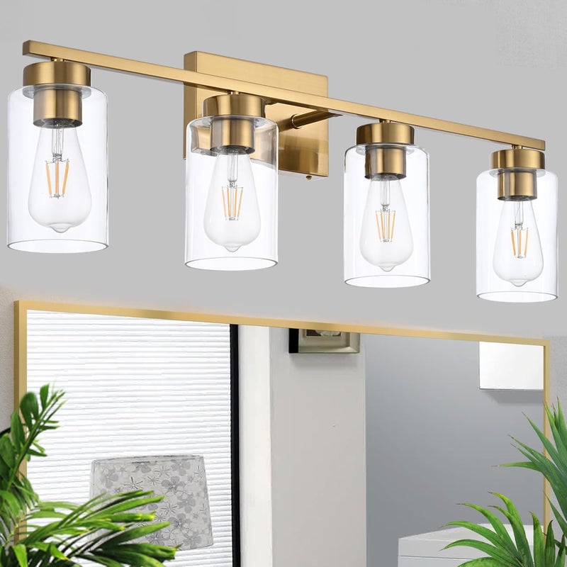 A1A9 4 Light Bathroom Vanity Light Fixtures, Brushed Brass Modern Wall Lights with Clear Glass Shade, Vintage Wall Sconce Lighting for Living Room, Mirror, Bedroom, Hallway (Gold, 4-Lights) - Image 1